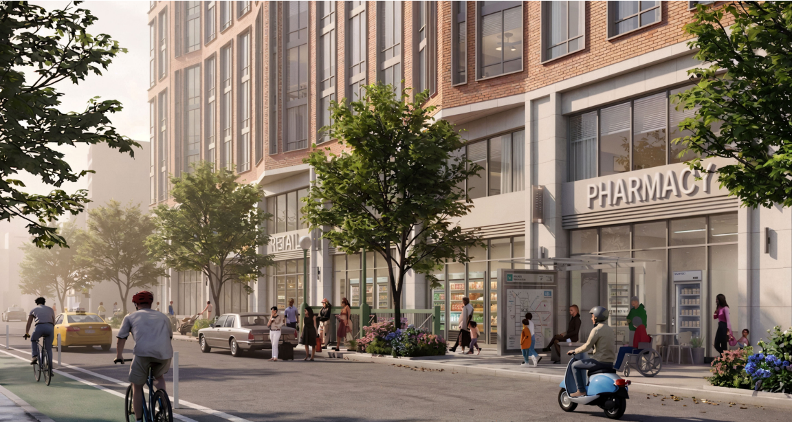 Street-level rendering showing ground-floor retail along Queens Boulevard