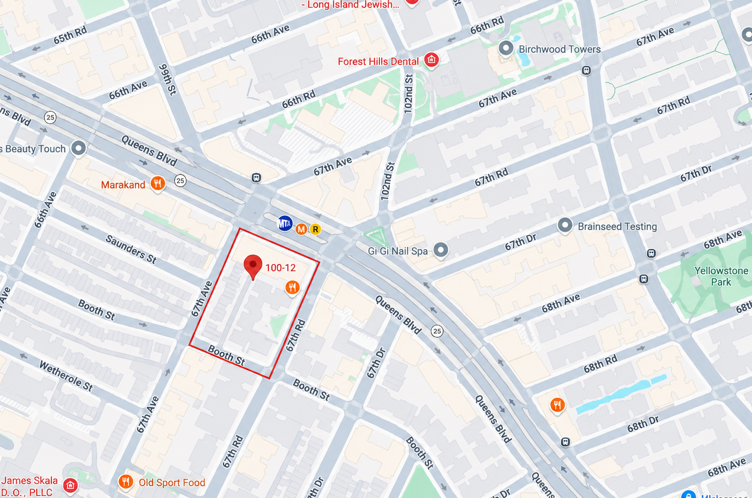Map of Forest Hills showing 100-12 Queens Boulevard